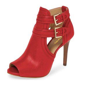 XYD Red Peep Toe High Heels Buckled Double Straps Cutout Ankle Bootie